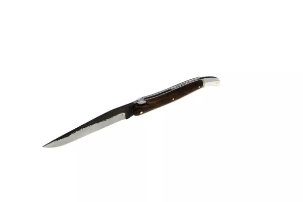 Couteau pliant sur mesure, en noyer avec mitre arrière et liseret - lame Brut de Forge