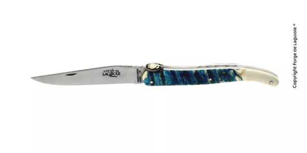 Couteau pliant sur mesure plein manche en molaire de mammouth, cœur d'ivoire de mammouth, habillé par une fleur de gentiane