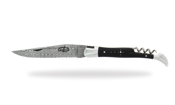 Couteau pliant avec tire-bouchon ciselé main brillant en corne foncée, lame damas inox double platines