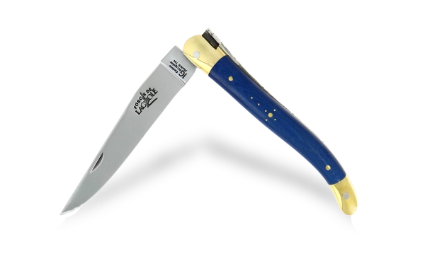 Couteau pliant 11 cm en tissu compressé bleu, mitres laiton