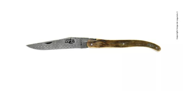 Couteau pliant ciselé main 12cm en ivoire de mammouth finition satinée avec lame damas inox