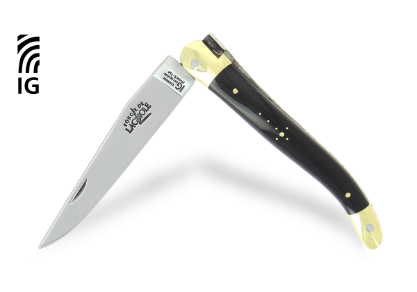 Couteau de Laguiole 11 cm en corne foncée, mitres laiton
