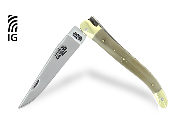 Couteau de Laguiole 11cm en corne claire, mitres laiton