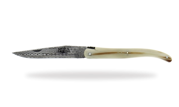 Couteau pliant ciselé main brillant plein manche en corne double platine lame damas inox