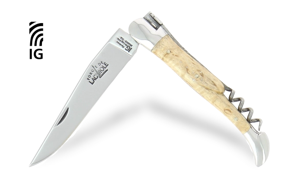 Couteau pliant 12cm avec tire-bouchon en bouleau, mitres inox finition brillante