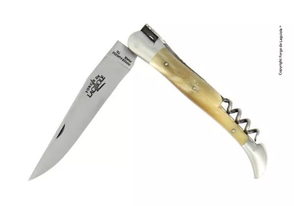 Couteau pliant avec tire-bouchon en corne claire, mitres inox finition satinée