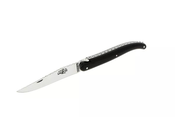 Custom folding knife with black horn handle and twisted pattern