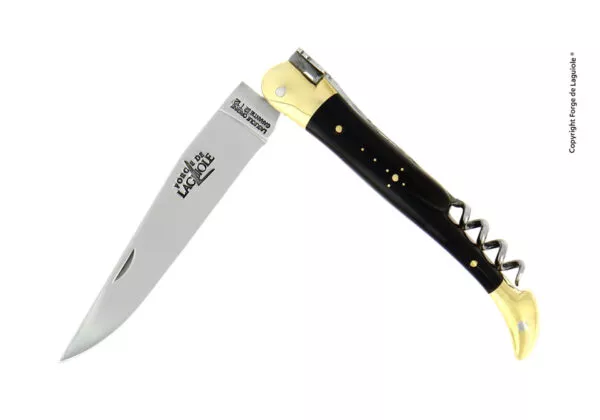 Taschenmesser, 12 cm mit Korkenzieher, Griff aus dunklem Horn und Mitres aus Messing