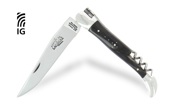 Couteau pliant avec tire-bouchon en corne foncée, mitres inox finition brillante