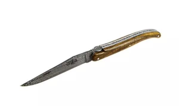 Couteau pliant sur mesure, plein manche en pistachier avec double platine et lame damas Munin