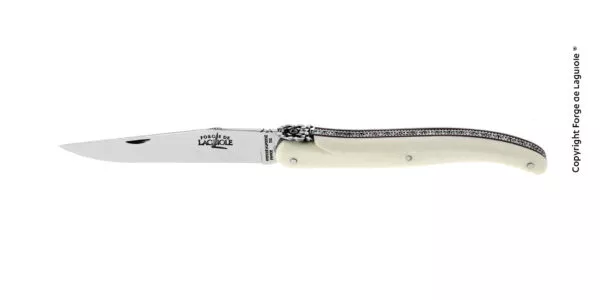 Couteau pliant sur mesure, plein manche en os de chameau et placage amarante - Abeille stylisée au motif Noeud