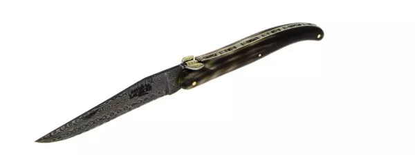 Couteau pliant sur mesure, plein manche en pointe de corne foncée et lame damas Munin