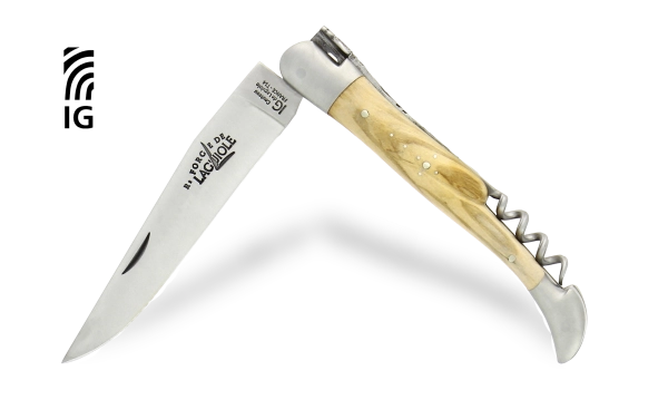 Couteau pliant avec tire-bouchon en olivier, mitres inox finition satinée