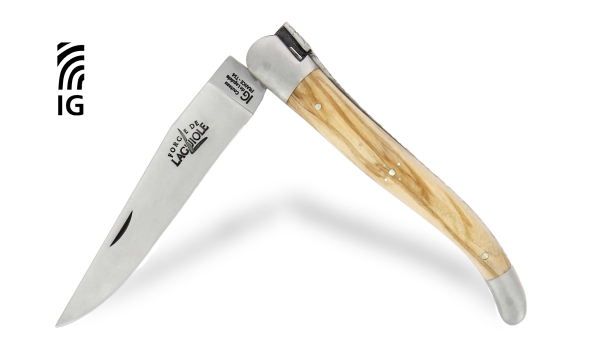 Couteau Laguiole 12 cm manche olivier, mitres inox finition satinée