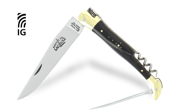 Couteau pliant avec tire-bouchon et poinçon en corne foncée, mitres laiton
