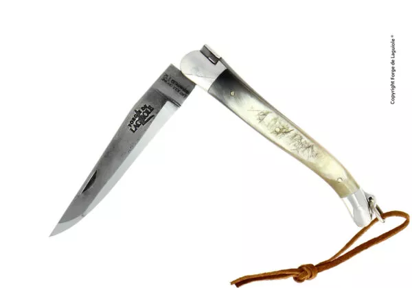 Taschenmesser, 11 cm, hochglanz poliert mit Griff aus Aubrac Rinderhorn, Mitres aus Inox und einer "Brut de Forge" Klinge