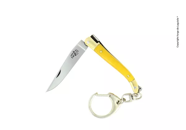 Taschenmesser mit Schlüsselanhänger, 7cm, Griff aus Gelb Gepresster Verbunfaser und Mitres aus Messing