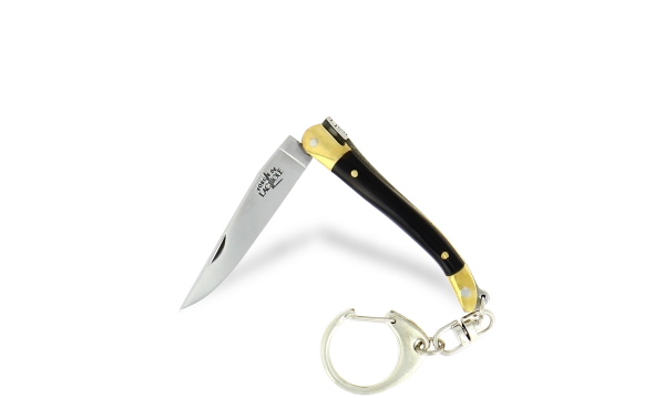 Couteau pliant 7cm en corne foncée avec porte-clé, mitres laiton finition brillante