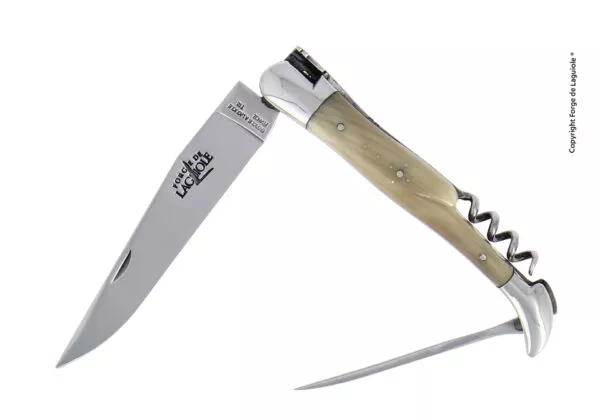 Taschenmesser, mit Korkenzieher und Dorn, Griff aus hellem Horn und Mitres aus Inox mit finish glanzend
