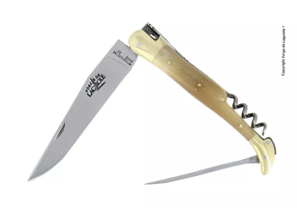 Taschenmesser, mit Korkenzieher und Dorn,  Griff aus hellem Horn und Mitres aus Messing mit finish glanzend