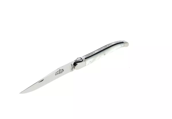 Custom folding knife, with mother-of-pearl handle and ebony inlay