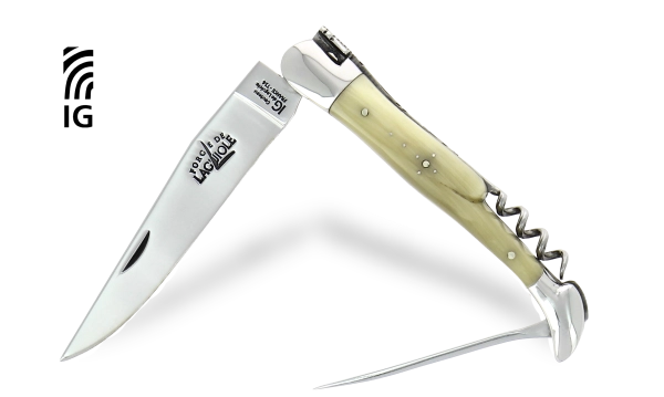Couteau pliant avec tire-bouchon et poinçon en corne claire, mitres inox finition brillante