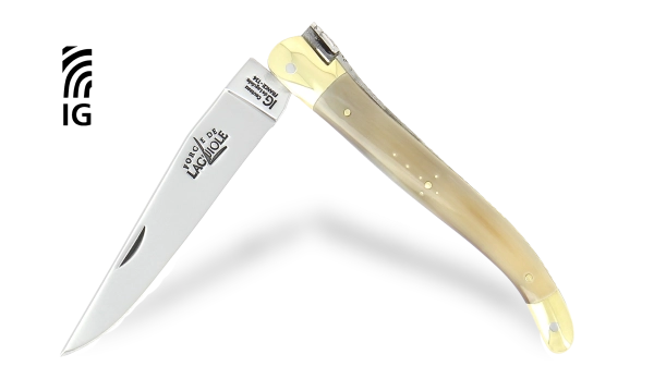 Couteau Laguiole 12 cm en corne claire, mitres laiton