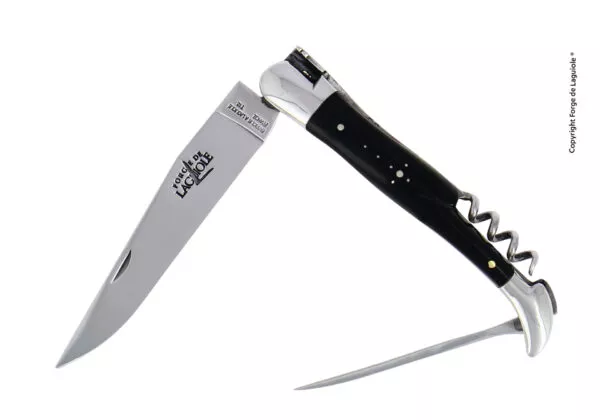 Couteau pliant avec tire-bouchon et poinçon en corne foncée, mitres inox finition brillante