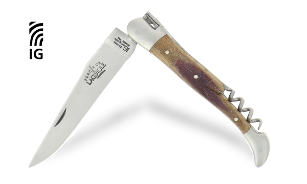 Couteau pliant 12cm avec tire-bouchon en chêne de barrique, mitres inox finition satinée
