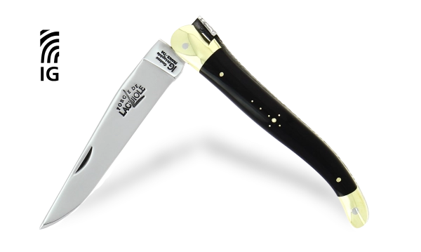 Couteau Laguiole 12 cm en corne foncée, mitres laiton