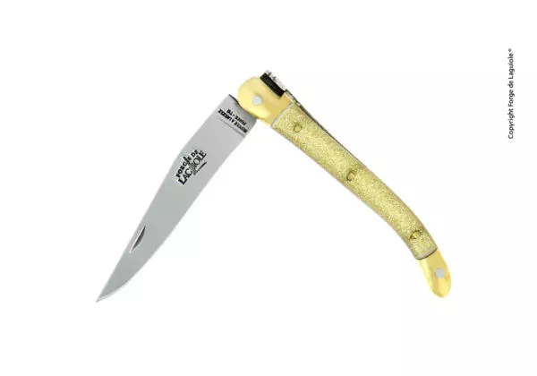 Taschenmesser, 9 cm, Griff aus goldenpailletten und Mitres aus Messing