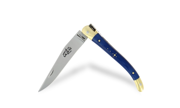 Couteau pliant 9 cm en tissu compressé bleu, mitres laiton