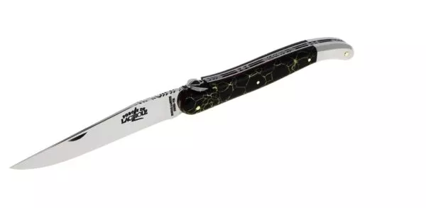 Couteau pliant sur mesure, plein manche en pierre onyx or et mitre arrière - géométrique