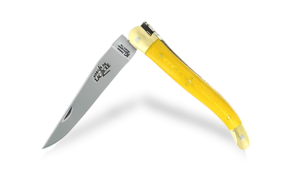 Couteau de Laguiole 11 cm en tissu compressé jaune, mitres laiton