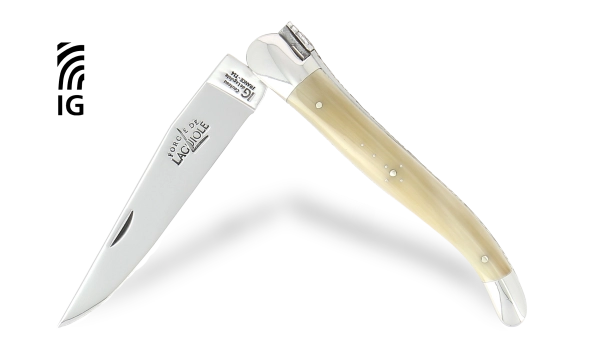 Couteau Laguiole 12 cm en corne claire, mitres inox finition brillante