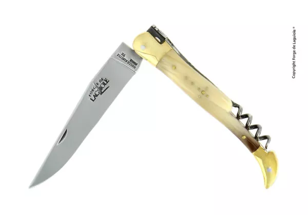 Taschenmesser, 12 cm mit Korkenzieher, Griff aus hellem Horn und Mitres aus Messing