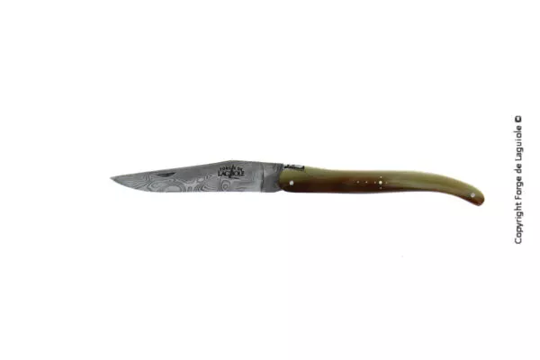 Couteau pliant ciselé main brillant plein manche en corne double platine lame damas carbone