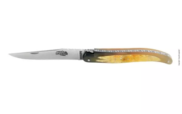 Couteau pliant ciselé main satiné plein manche en corne de vache Aubrac