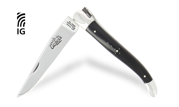 Couteau Laguiole 12 cm en corne foncée, mitres inox finition brillante