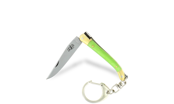 Couteau pliant 7cm en tissu compressé vert avec porte-clé, mitres laiton finition brillante