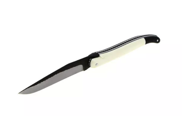 Couteau pliant sur mesure, en os avec placage et double platines - lame Brut de Forge