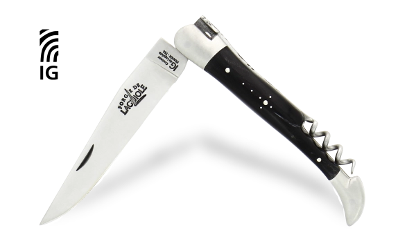 Couteau pliant avec tire-bouchon en corne foncée, mitres inox finition satinée
