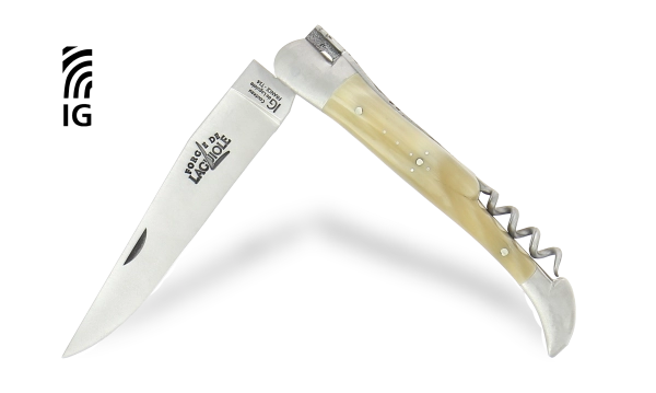 Couteau pliant avec tire-bouchon en corne claire, mitres inox finition satinée