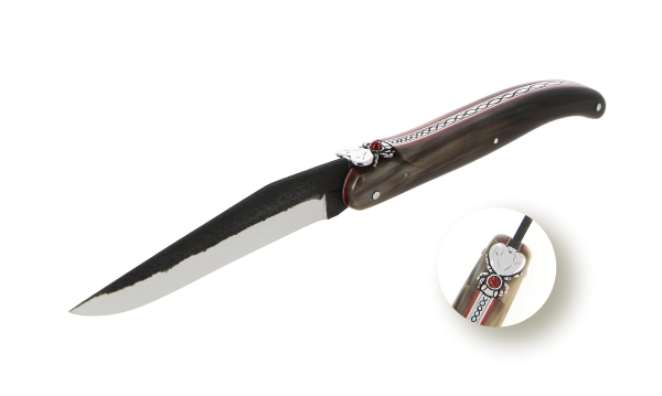 Couteau pliant sur mesure en corne foncé, thème St Valentin