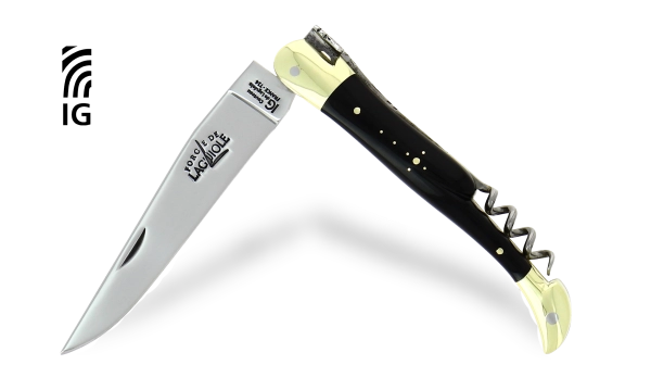 Couteau pliant avec tire-bouchon brillant en corne foncée, mitres laiton