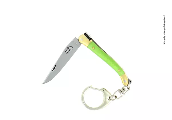 Taschenmesser mit Schlüsselanhänger, 7cm, Griff aus grün Gepresster Verbunfaser und Mitres aus Messing