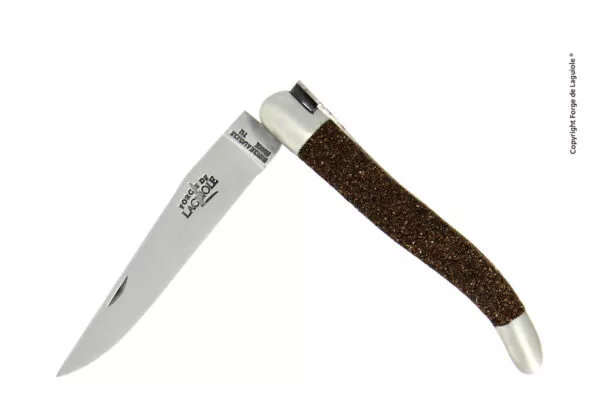 Taschenmesser, 11 cm, satiniert mit Griff aus Sand des Flusses "La Selves" und Mitres aus Inox