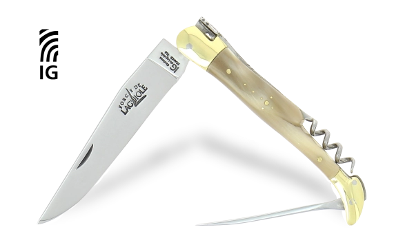 Couteau pliant avec tire-bouchon et poinçon en corne claire, mitres laiton