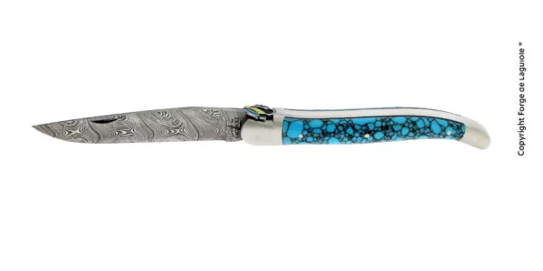 Couteau pliant sur mesure en pierre bleue reconstituée, Lame damas Inox Twist