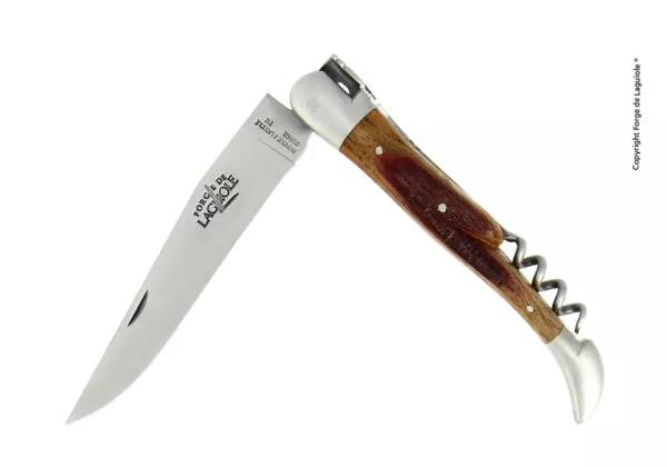 Couteau pliant 12cm avec tire-bouchon en chêne de barrique, mitres inox finition satinée